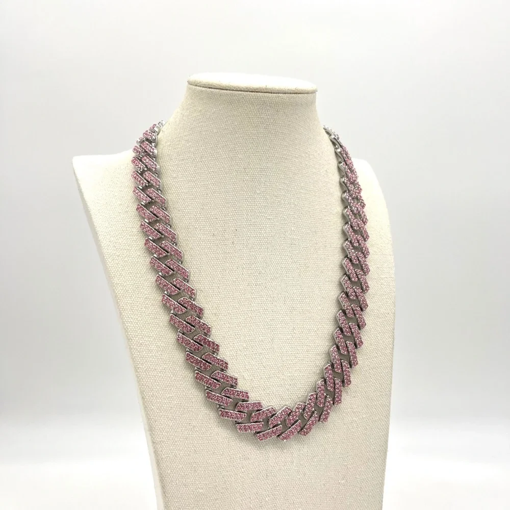 Invicta Pink Crystal Iced Out Cuban Link Chain Necklace Silver Tone 22 Inch‎